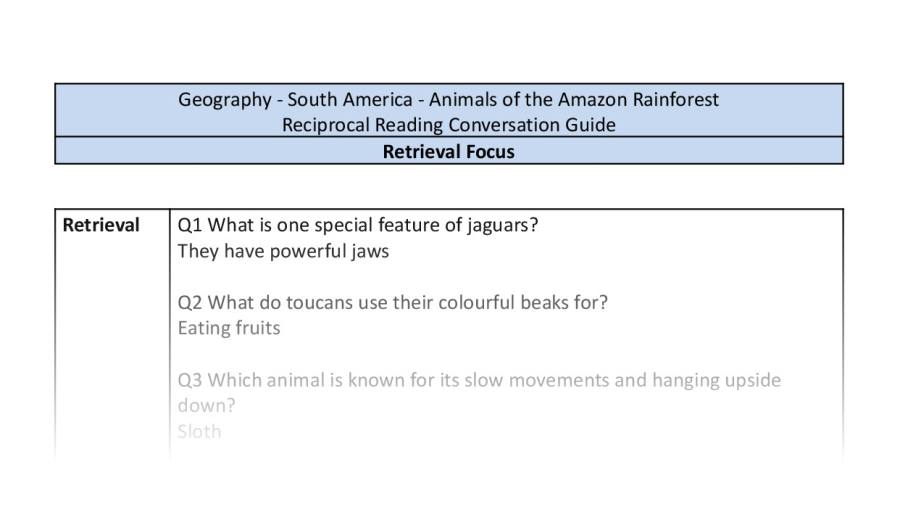 Reciprocal Reading Conversation - Animals of the Amazon Rainforest - Retrieval Focus