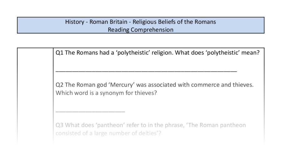 Reading Comprehension-Religious Beliefs of the Romans-Vocabulary Focus