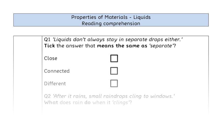 Reading comprehension - VRSIPE - Properties of Materials - Liquids