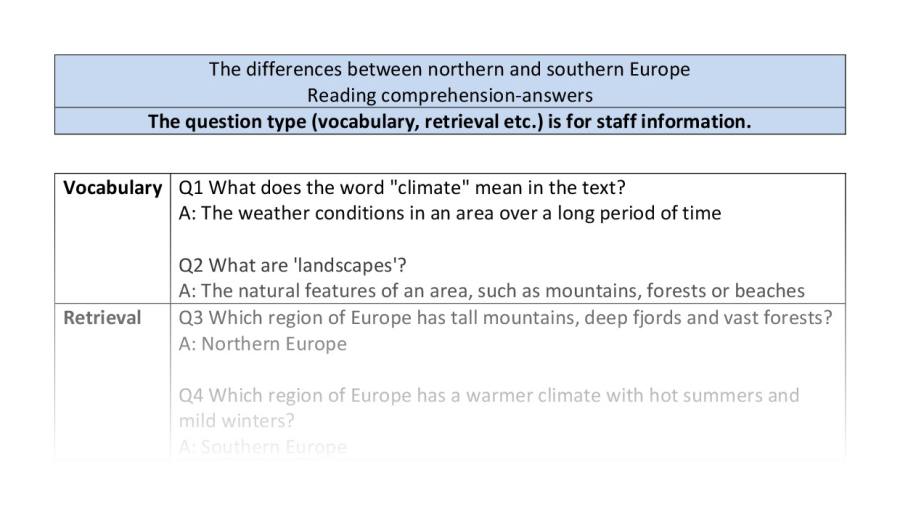 Reading comp-VRSIPE-differences northern southern Europe - answers