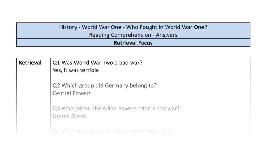 Reading Comprehension - Who Fought in World War One - Retrieval Focus