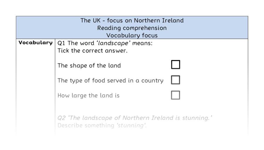 Reading comprehension - vocabulary - The UK - focus on Northern Ireland