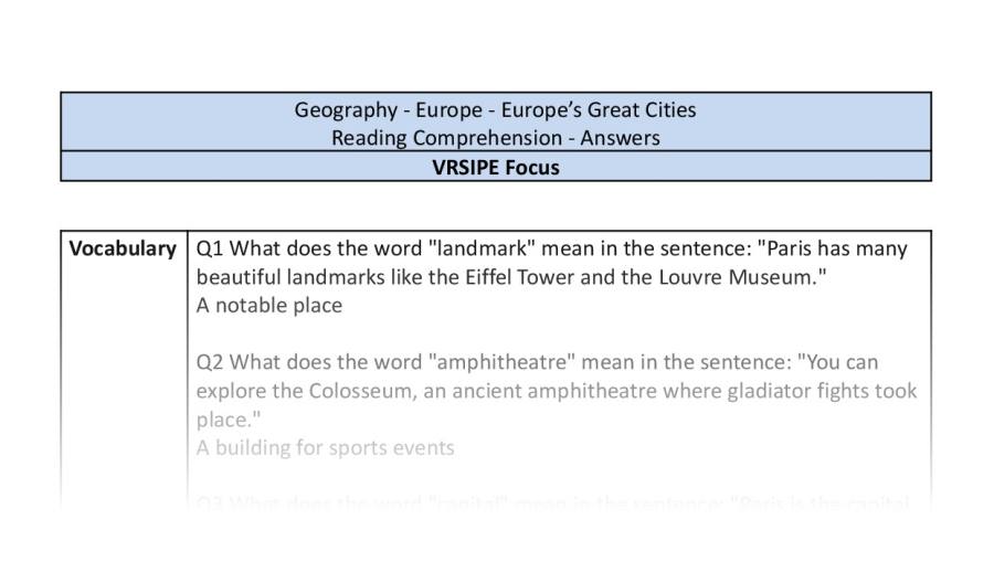 Reading Comprehension-Europes Great Cities-VRSIPE Focus-answers