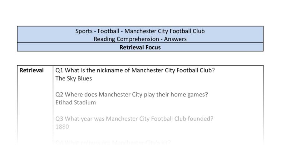 Reading Comprehension - Manchester City Football Club - Retrieval Focus