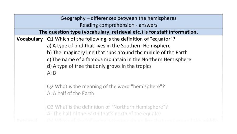 Reading comprehension - VRSIPE - geography - differences hemispheres - answers