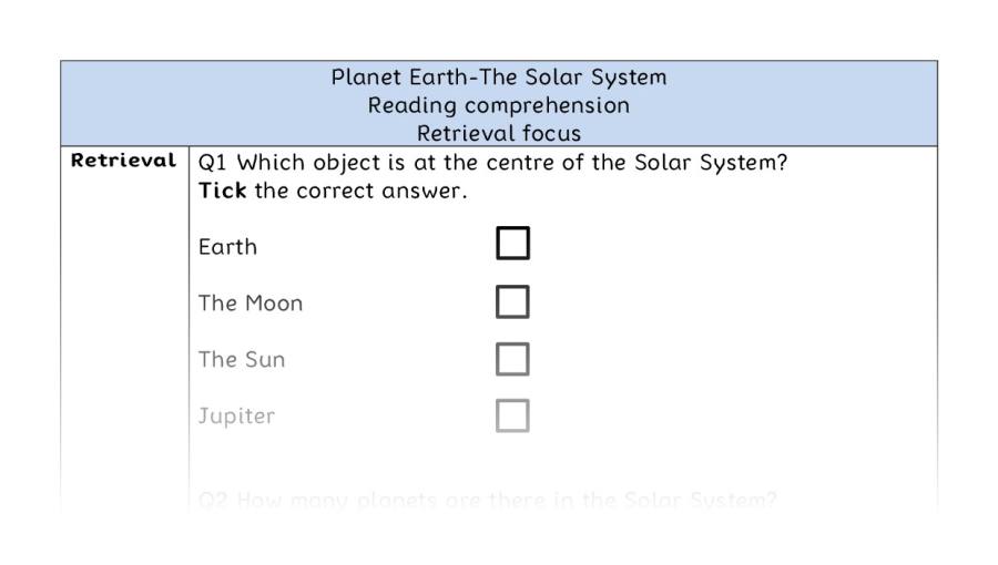 Reading comprehension - retrieval - The Solar System