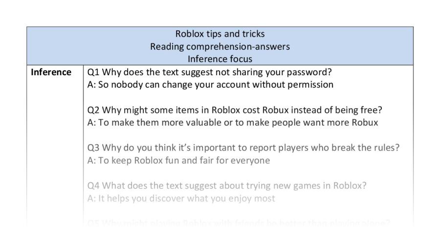 Reading comprehension - inference - Roblox tips and tricks - answers