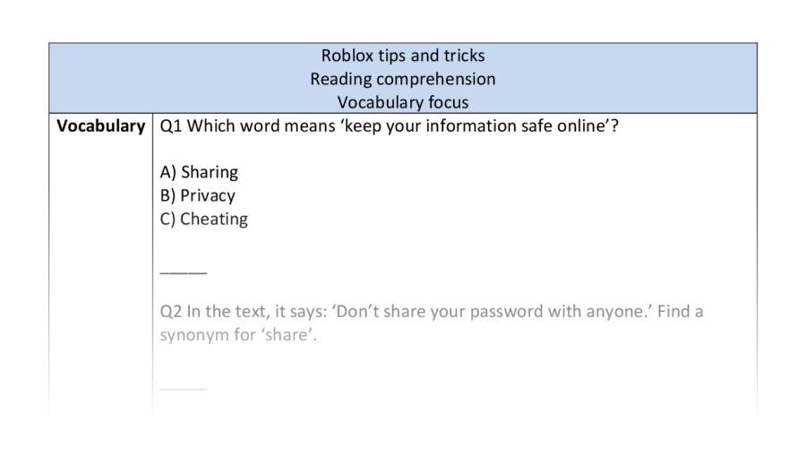 Reading comprehension - vocabulary - Roblox tips and tricks