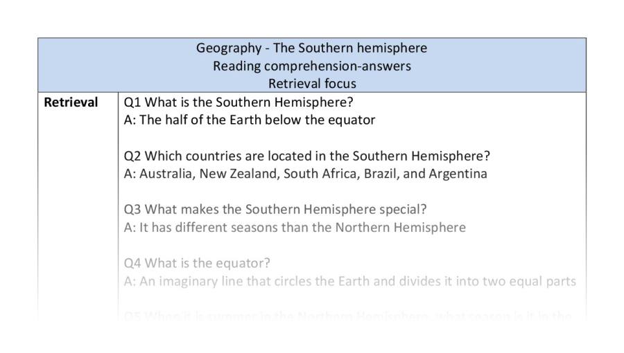 Reading comprehension - retrieval - The Southern hemisphere
