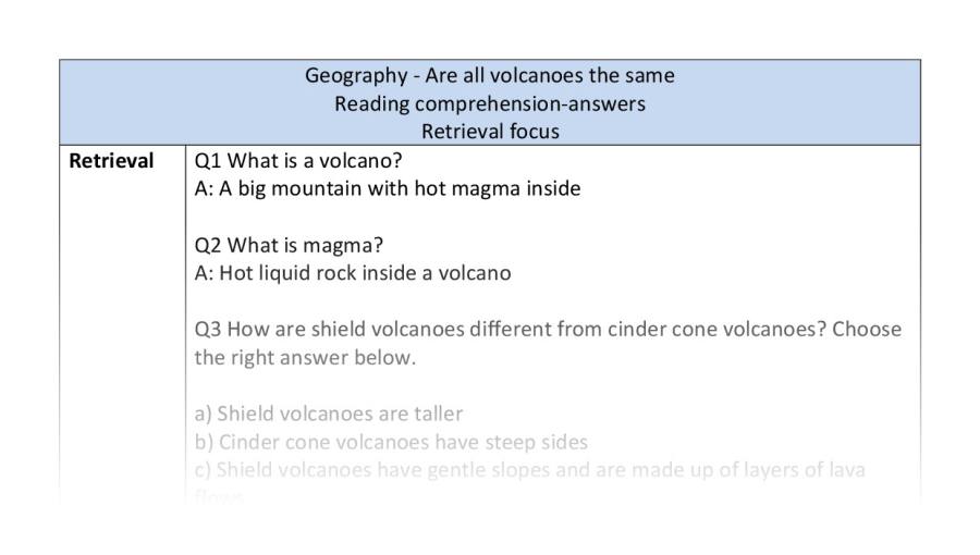 Reading comprehension - retrieval - volcanoes - answers