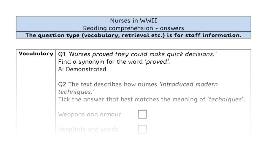 Reading comprehension - VRSIPE - Nurses in WWII - answers