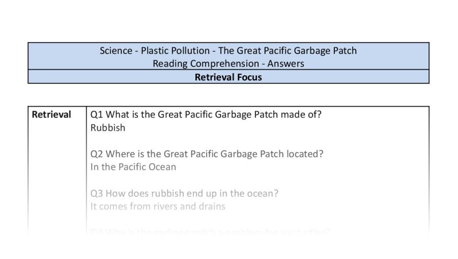 Reading Comprehension - The Great Pacific Garbage Patch Y3 - Retrieval Focus