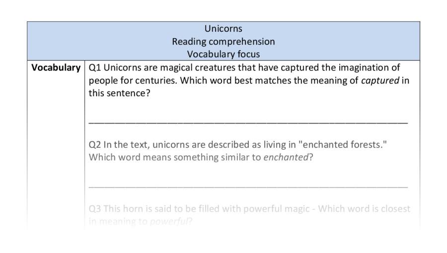 Reading comprehension-vocabulary-Unicorns