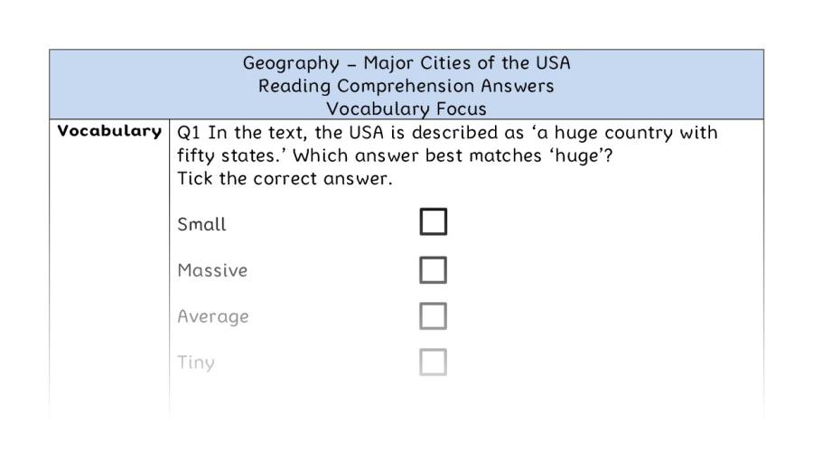 Major Cities of the USA - Reading Comprehension Answers - Vocabulary Focus