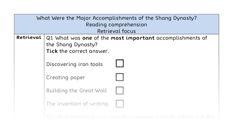 Reading comp-retrieval--Major Accomplishments Shang Dynasty
