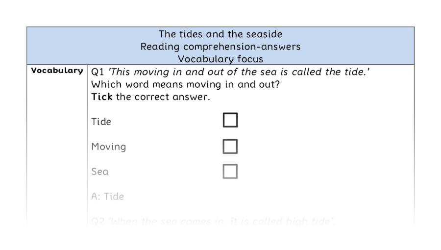 Reading comprehension - vocabulary - The tides and the seaside - answers