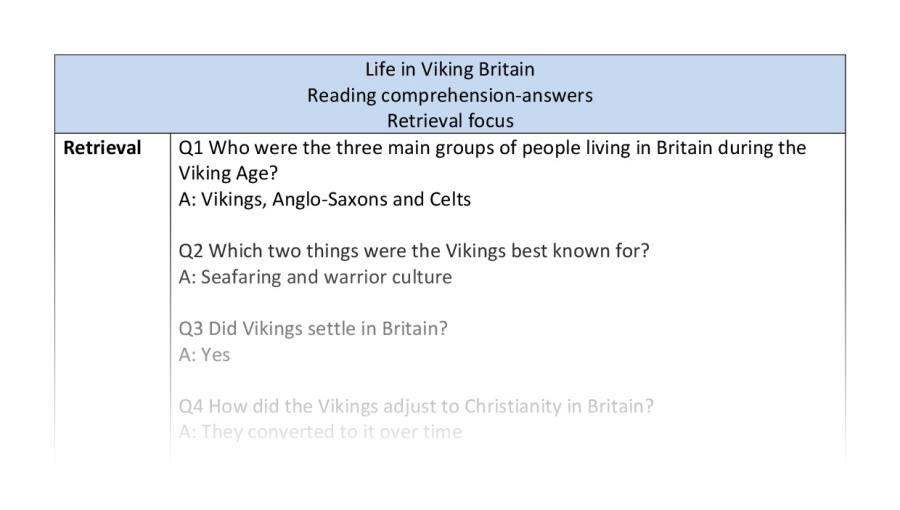 Reading comprehension - retrieval - Life in Viking Britain - answers