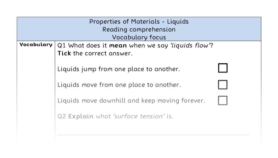 Reading comprehension - vocabulary - Properties of Materials - Liquids
