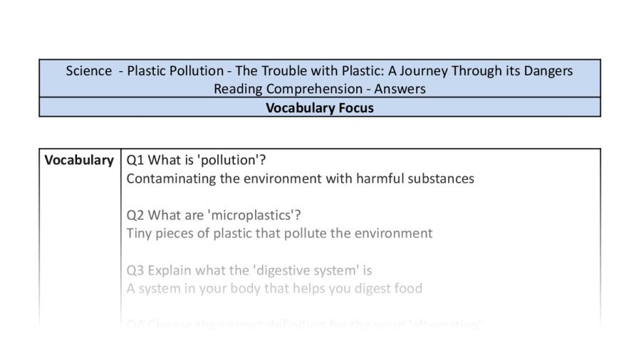 Reading Comprehension - The Trouble with Plastic - Vocabulary Focus