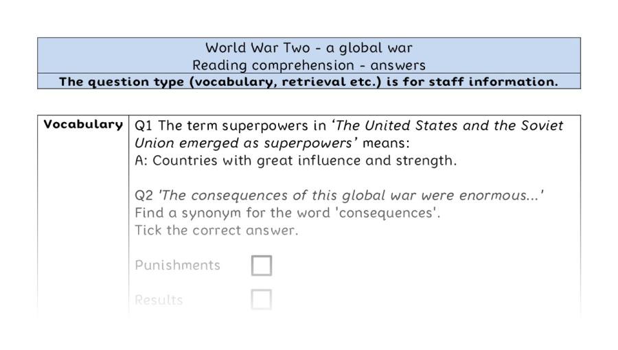 Reading comprehension - VRSIPE - World War Two - a global war - answers