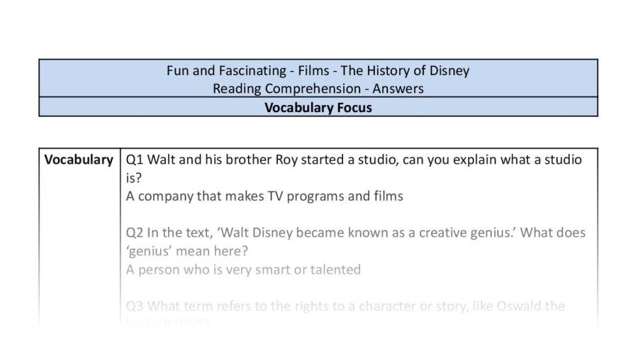 Reading Comprehension - The History of Disney - Vocabulary Focus