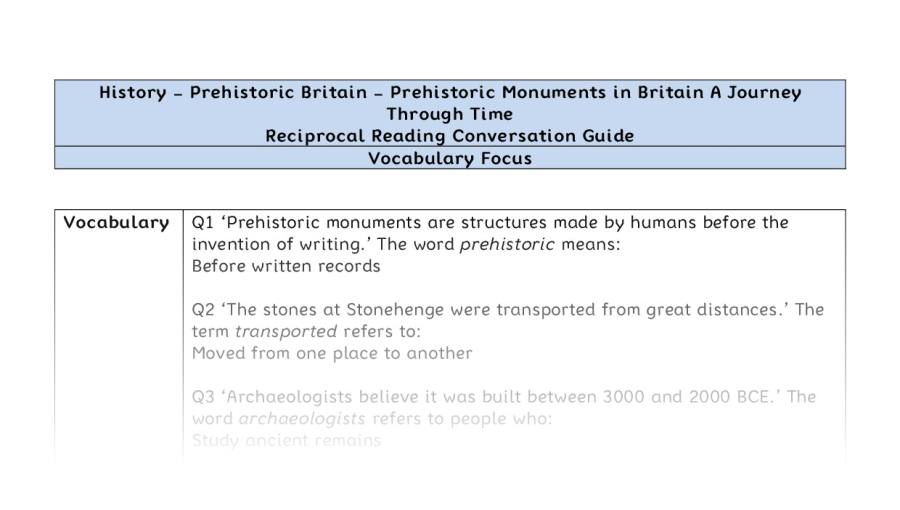 Reciprocal Reading Conversation - Prehistoric Monuments in Britain A Journey Through Time - Vocabulary Focus