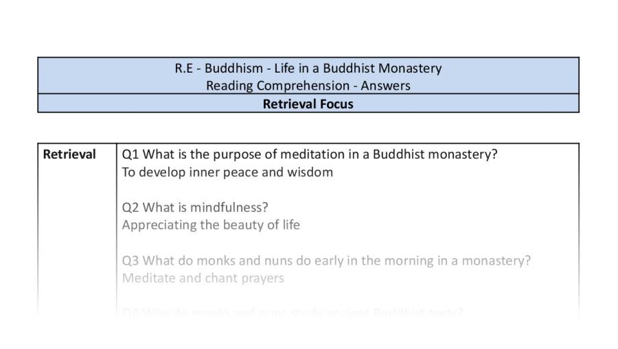 Reading Comprehension - Life in a Buddhist Monastery - Retrieval Focus