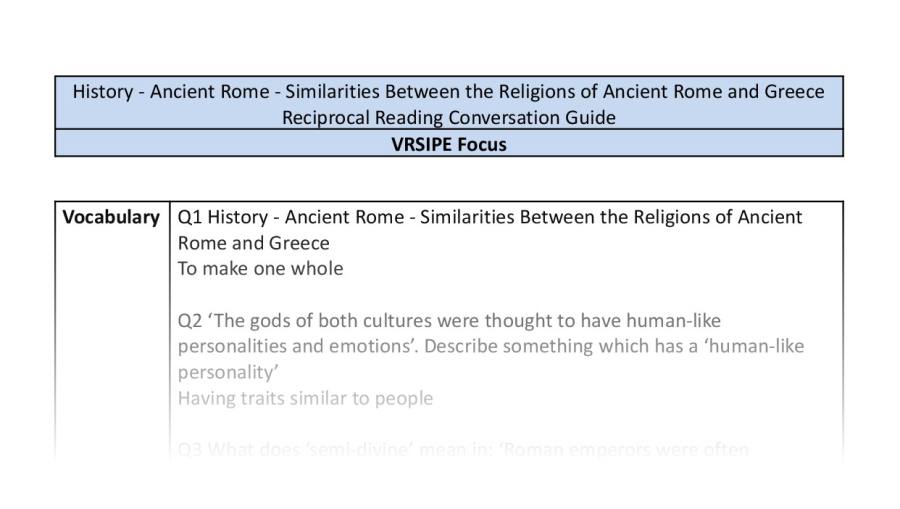Reciprocal Reading Conversation - Similarities Between the Religions of Ancient Rome and Greece - VRSIPE Focus