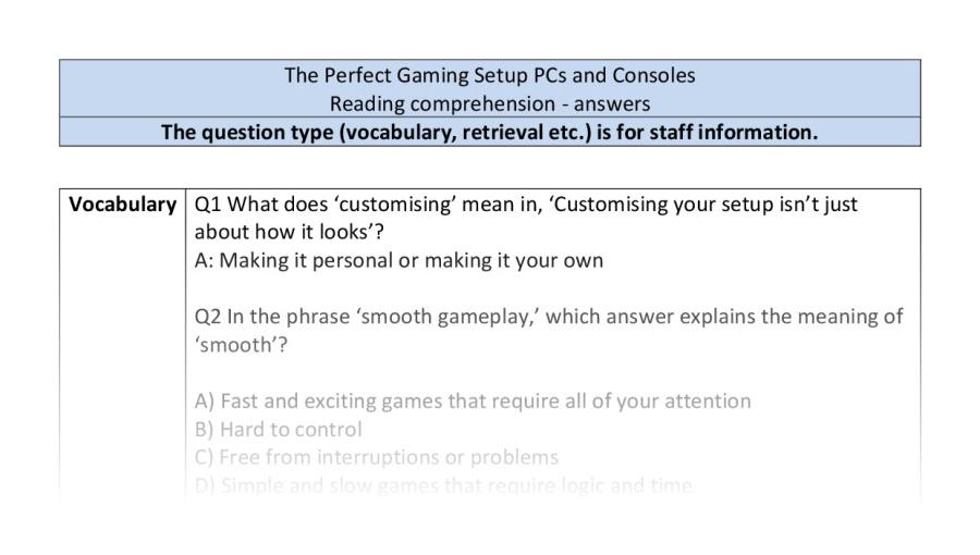 Reading comp-VRSIPE-The Perfect Gaming Setup PCs and Consoles - answers