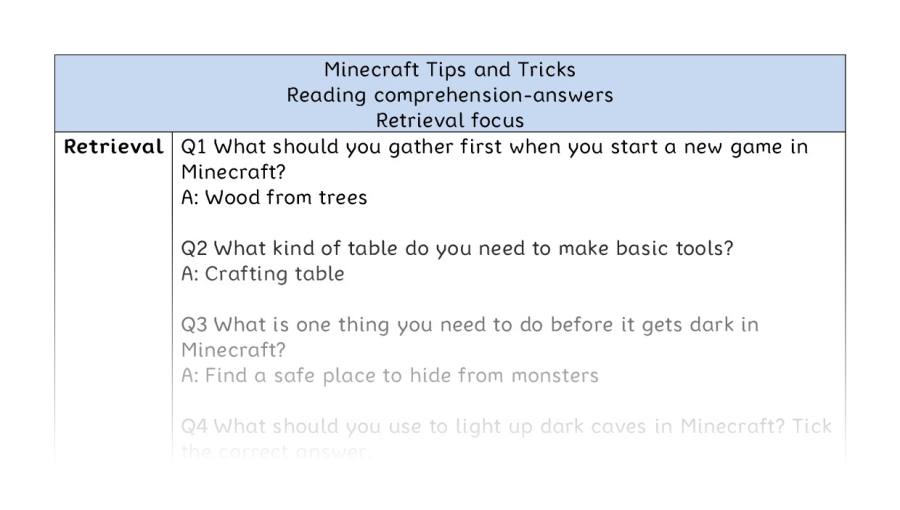 Reading comprehension-Minecraft Tips and Tricks- retrieval - answers