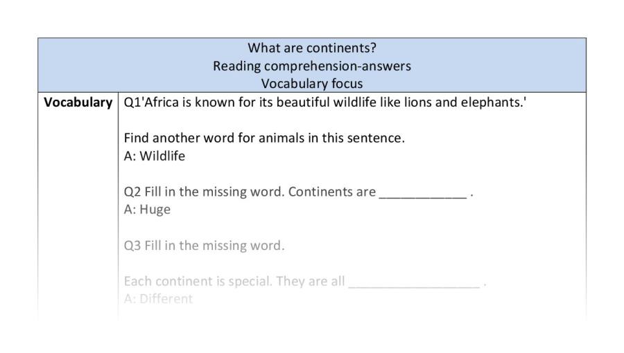 Reading comprehension - vocabulary-What are continents