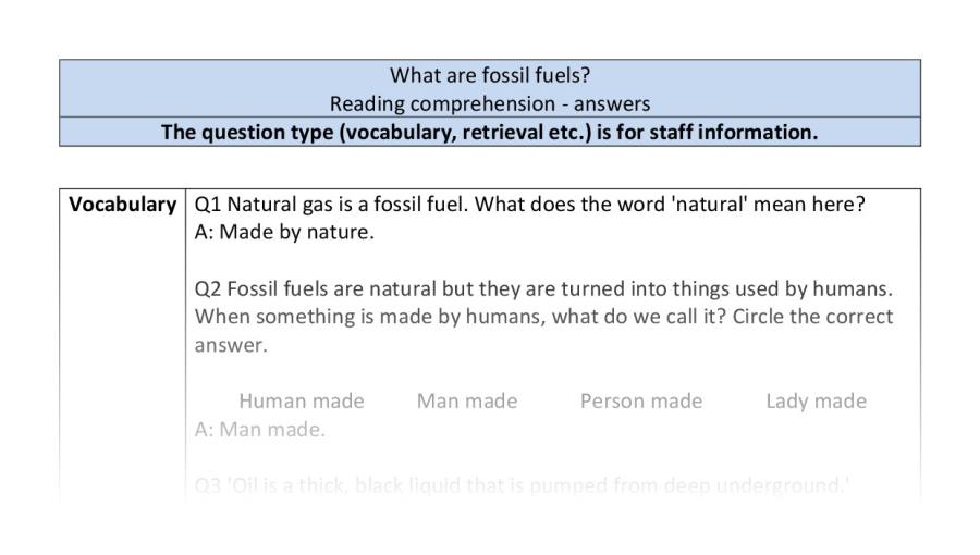 Reading comprehension - VRSIPE - What are fossil fuels - answers
