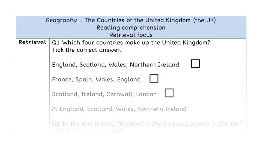 The Countries of the UK - Reading Comprehension Answers - Retrieval Focus