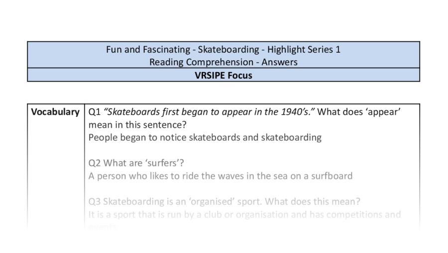 Reading Comprehension - Skateboarding - Highlight Series 1 - VRSIPE Focus