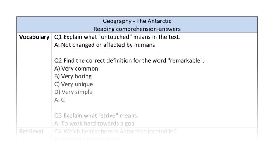 Reading comprehension - geography - The Antarctic