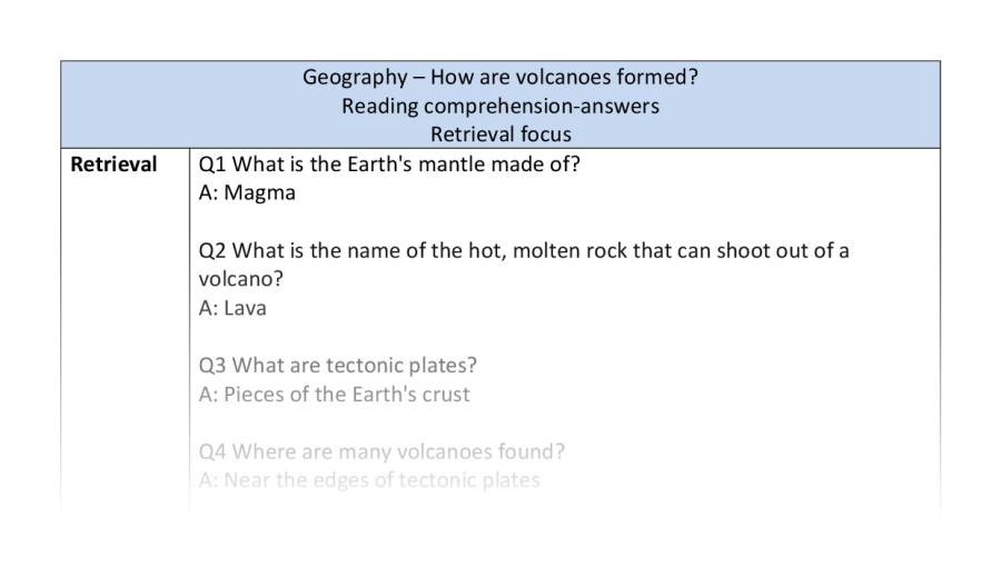 Reading comprehension - retrieval - how volcanoes form - answers
