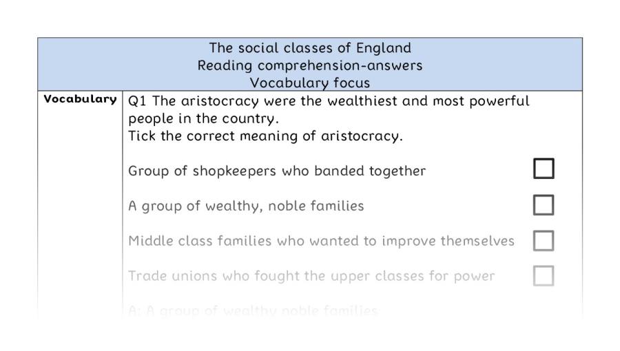 Reading comprehension - vocabulary - The social classes of England - answers