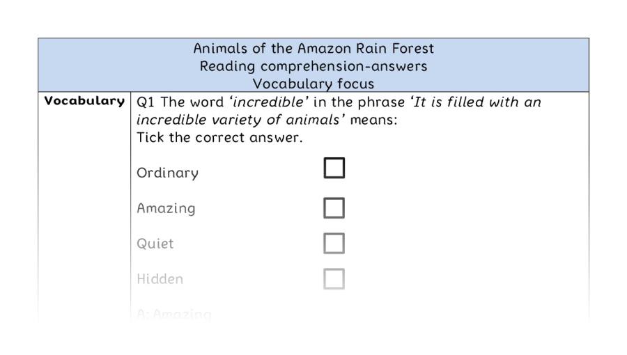 Reading comp-vocab-Animals of the Amazon Rain Forest - answers