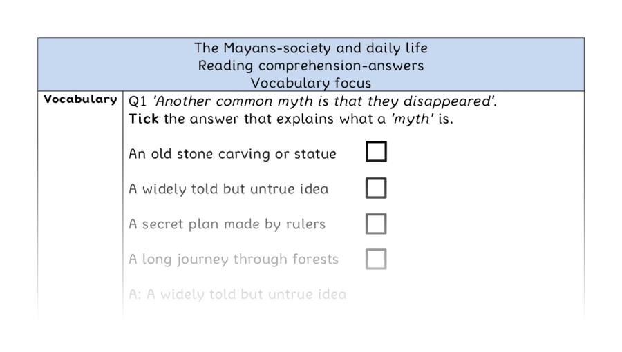 Reading comprehension - vocabulary - The Mayans-society and daily life - answers