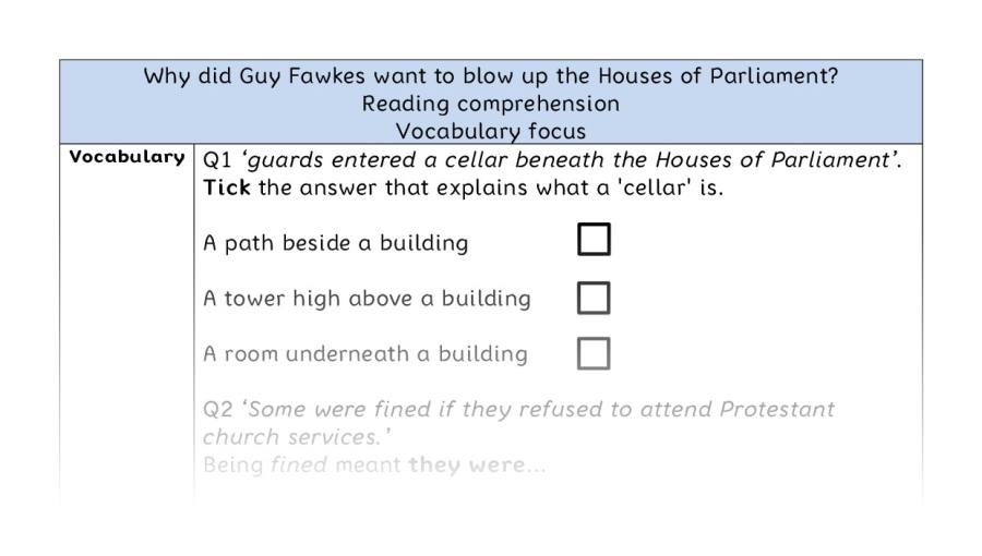 Reading comprehension - vocabulary - why Guy Fawkes wanted to blow up Parliament