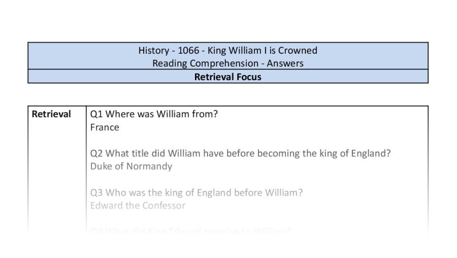 Reading Comprehension - King William I is Crowned - Retrieval Focus