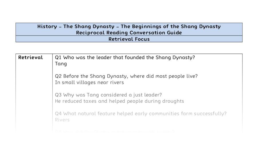 Reciprocal Reading Conversation - The Beginnings of the Shang Dynasty - Retrieval Focus