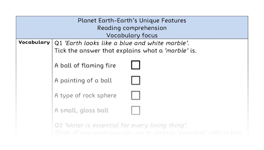Reading comprehension - vocabulary - Planet Earth-Earths Unique Features