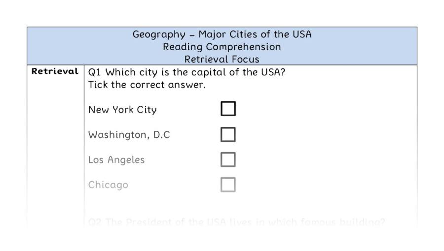 Major Cities of the USA - Reading Comprehension - Retrieval Focus