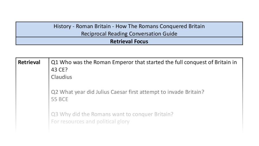 Reciprocal Reading Conversation - How The Romans Conquered Britain - Retrieval Focus