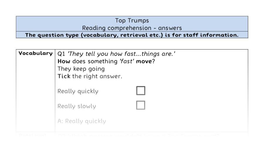 Reading comprehension - VRSIPE - Top Trumps - answers