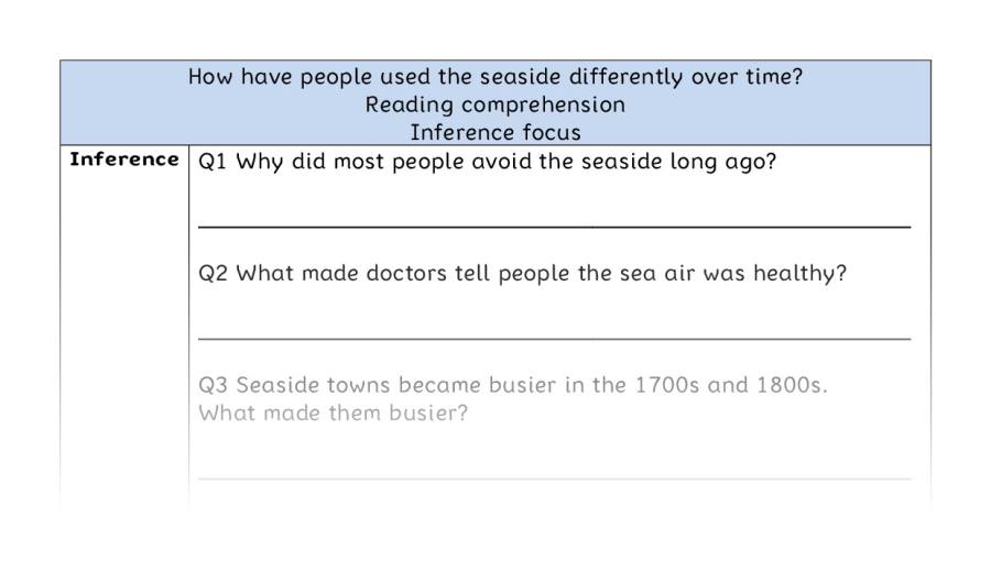 Reading comprehension - inference -how the seaside was used differently over time