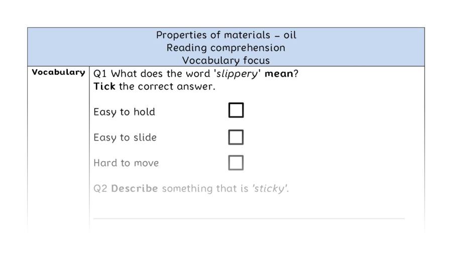 Reading comprehension - vocabulary - Properties of materials - oil