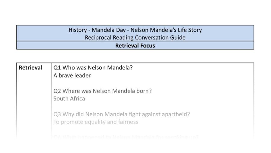 Reciprocal Reading Conversation - Nelson Mandelas Life Story - Retrieval Focus