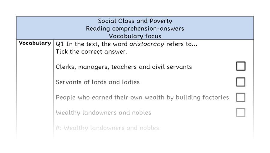 Reading comprehension - vocabulary - Social Class and Poverty - answers
